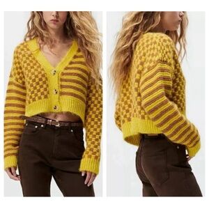 Zara Yellow Brown Combination Jacquard Knit Crop Cardigan checkerboard stripe S
